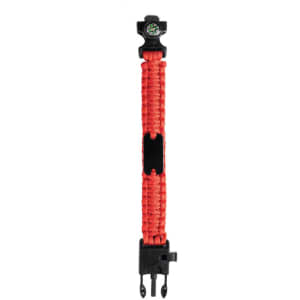 A red survival bracelet featuring a compass and a black clasp. The bracelet is made of woven paracord.