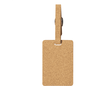 A cork luggage tag with a rectangular shape and a simple loop attachment, featuring a natural cork finish.