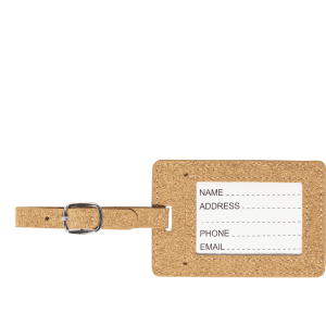 A cork luggage tag in a natural brown colour with a metal buckle, featuring a white label for personal details.