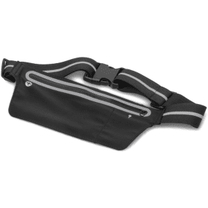 A black running pouch with a zipper pocket and adjustable strap, featuring grey accents and a logo.