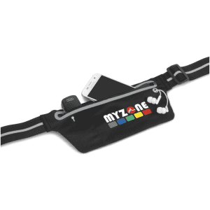 A black running pouch with a zippered compartment holding a phone and earphones, featuring a logo on the front.