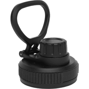 A drink bottle lid in black, featuring a screw-on design and a flip-top cap with a carrying handle.