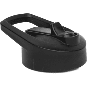 A drink bottle lid in black, featuring a spout and a handle. The design is compact and functional.