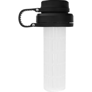 A drink bottle with a clear body and black infuser lid, featuring a built-in strainer for flavour infusion.