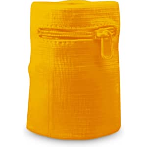 A yellow sweat band with a zipper, featuring a textured surface. It includes a small zippered compartment.
