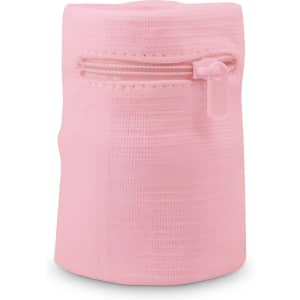 A pink sweat band with a zipper, featuring a textured finish and compact design.
