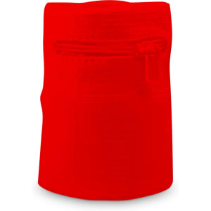 A red sweat band with a zipper, designed for headwear, featuring a textured surface and a discreet logo.