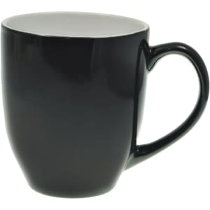 A black coffee mug with a smooth finish and a contrasting light-coloured interior.