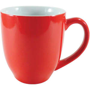 A red coffee mug with a smooth finish and a contrasting white interior, featuring a handle and a logo.