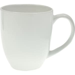 A white coffee mug with a smooth finish and a curved handle, featuring a simplistic design.