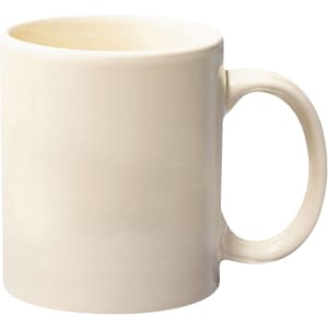 A cream-coloured stoneware mug with a C-handle, suitable for beverages. Features a branding logo.
