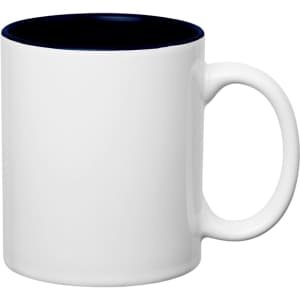 A white stoneware mug with a navy blue interior and a C-handle, featuring a logo.