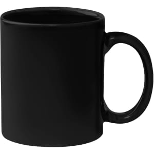 A black stoneware mug with a C-handle, showcasing a smooth finish and a simple design. Features a logo.