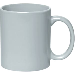 A 325ml light grey stoneware mug with a C-handle, featuring a smooth finish and a logo.
