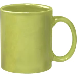 A green stoneware mug with a C-handle, featuring a glossy finish and a simple design.