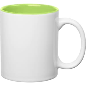 A white stoneware mug with a vibrant green interior and a C-handle. It features a logo on the surface.