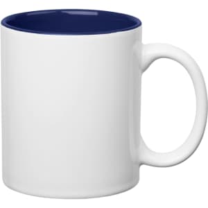 A white stoneware mug with a navy blue interior and a C-handle, featuring a logo.