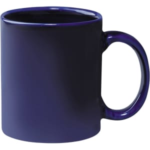 A dark blue stoneware mug with a C-handle, featuring a glossy finish and a simple design.