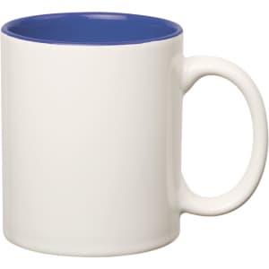 A coloured stoneware mug with a white exterior and a blue interior, featuring a C-handle and a branding logo.