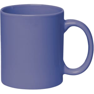 A coloured stoneware mug in purple with a C-handle, designed for beverage use. It features a smooth finish and has a logo.