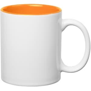 A coloured stoneware mug with a white exterior and an orange interior, featuring a C-handle.