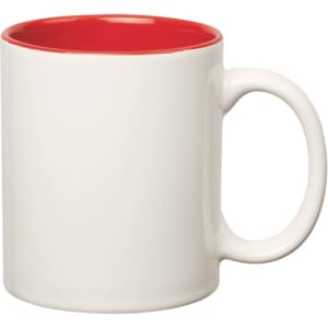 A coloured stoneware mug featuring a white exterior and a red inner, with a C-handle.