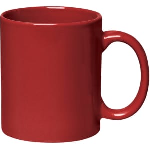 A red stoneware mug with a C-handle, designed for coffee or other beverages. It has a glossy finish and a simple shape.