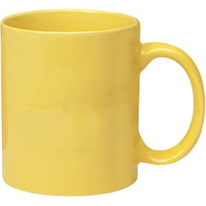 A yellow stoneware mug with a C-handle, featuring a glossy finish and a simple design.