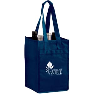 A navy non-woven polypropylene tote bag designed to hold four wine bottles, featuring a logo on the side.
