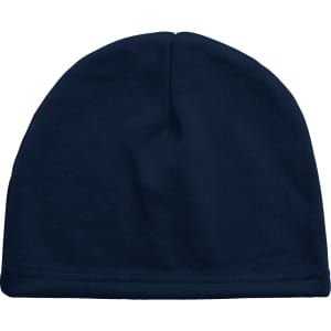A navy blue fleece beanie hat with a smooth finish and a folded cuff.