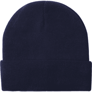 Acrylic rollup beanie hat in navy blue with a folded cuff and a logo.