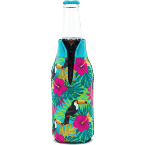 A drink bottle cooler featuring a vibrant tropical design with toucans, hibiscus flowers, and turquoise accents.