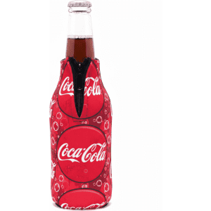 A drink bottle cooler designed for long neck bottles, featuring a vibrant red pattern and a zip closure.