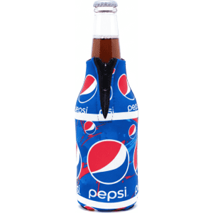 A drink bottle in a blue cooler with a zipper, featuring a repeating Pepsi logo design.