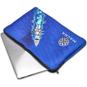 A blue neoprene laptop sleeve featuring a boat design and a logo, with a zipper for closure.