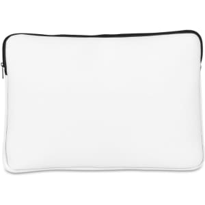 A premium white neoprene laptop sleeve with a black zipper, featuring a plain design and a logo.
