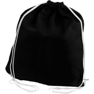 A black non-woven drawstring bag with white drawstrings, featuring a simple design and a logo.