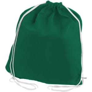 A green non-woven drawstring bag with white drawstrings and a simple design.
