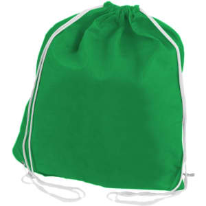 A green non-woven drawstring bag with white drawstrings and a simple design. It features a logo.