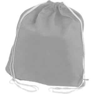 A grey non-woven drawstring bag with white drawstrings and a simple design.