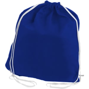 A blue non-woven drawstring bag with white drawstrings and a simple design. It features a logo.