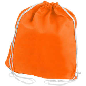 An orange non-woven drawstring bag with white drawstrings and a simple design.