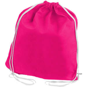 A pink non-woven drawstring bag with white cords. It features a simple design and has a logo.
