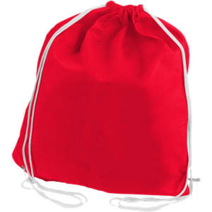 A red non-woven drawstring bag with white cords and a logo. Ideal for carrying items.