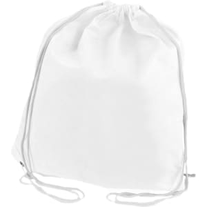 A white non-woven drawstring bag with a cinched top and matching drawstrings. It features a simple design and a logo.