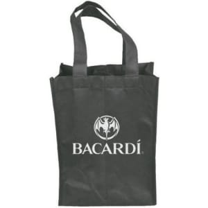 A drink bottle bag in black, featuring two compartments and a logo. Made from sturdy material with handles.