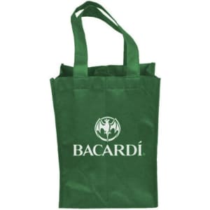 A drink bottle bag in green, featuring a logo, designed to hold two bottles securely.