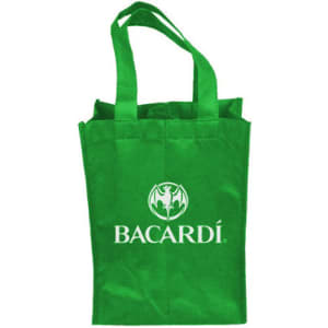 A green tote bag with two handles, featuring a logo on one side, suitable for carrying two bottles.