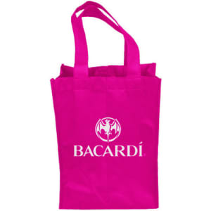 A drink bottle bag in bright pink with two handles and a logo. Ideal for carrying two bottles.