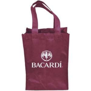 A drink bottle bag in burgundy with two handles and a logo. Suitable for carrying two bottles.